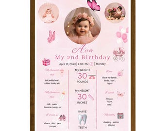 My Second Year Butterfly Birthday Board, Butterfly Girl 2nd Birthday Party, Butterfly 2nd Birthday Milestone Photo Poster, Gift for Boy