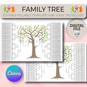 8th Generation Watercolor Family Tree,  Family Tree Templates, Digital Pedigree Chart, Ancestral Chart, Genealogy Template, Family Chart