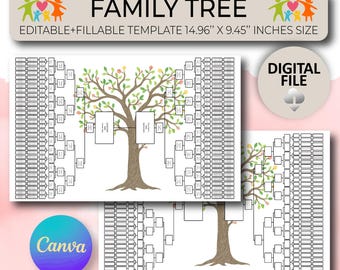 8th Generation Watercolor Family Tree,  Family Tree Templates, Digital Pedigree Chart, Ancestral Chart, Genealogy Template, Family Chart