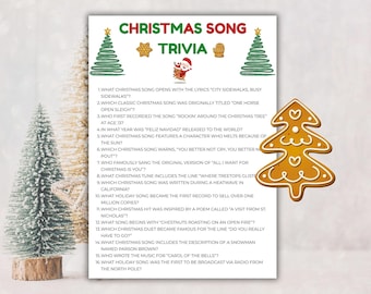 May include: A Christmas Song Trivia game sheet with a gingerbread cookie and Christmas tree illustrations. The trivia sheet has questions about Christmas songs. The text on the sheet reads "Christmas Song Trivia".
