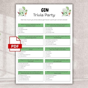 Op de afbeelding: Een wit PDF trivia-spelblad met de titel "GIN Trivia Party". Het blad bevat vragen over gin, met meerkeuzeantwoorden. Decoratieve cocktailillustraties en het PDF-pictogram zijn zichtbaar.
