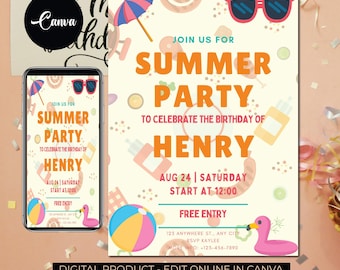 INVITACIÓN DE VERANO, Fiesta de verano, Invitación de cumpleaños de Hola verano, Invitación de verano divertida bajo el sol, Invitación tropical, Fiesta en la piscina