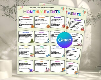 Modello di calendario PTA PTO modificabile: programma eventi, volantino calendario eventi, punti salienti del calendario mensile degli eventi PTA, calendario scolastico PTO