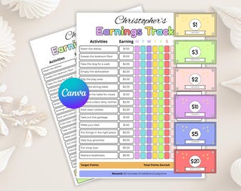 Verdien geldgrafiek, bewerkbare wekelijkse toelagetabel, schoolroutine, kinderbijslagtracker, karweigrafiek voor kinderen, bewerkbare geldgrafiek