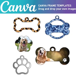 May include: Five different dog tag designs for pet owners. The designs include a bone shape with a leopard print, a bone shape with a blue watercolor pattern, a paw print, and two bone shapes with a photo of a golden retriever dog.