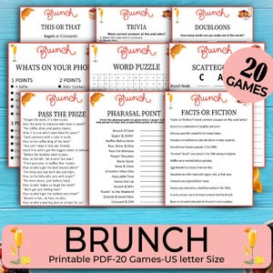 May include: A set of brunch-themed games, including trivia and word puzzles. The design features a pink circle with "20 GAMES" and the word "Brunch" in a stylish font. The games are designed for US letter size, approximately 21.6 x 27.9 cm.