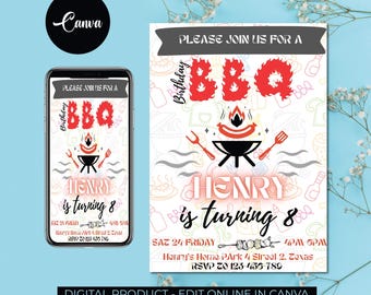 Editable BBQ Birthday Invitation Template, Barbeque Birthday Invitation, BBQ Invitation, Adult Invitation, BBQ Birthday Invitation, 5x7