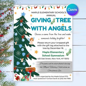 Puede incluir: Un folleto festivo para el evento anual Giving Tree with Angels de la Escuela Primaria Maple. El diseño presenta un árbol de Navidad verde, adornos y el texto "Giving Tree with Angels". Incluye detalles del evento e información de contacto.