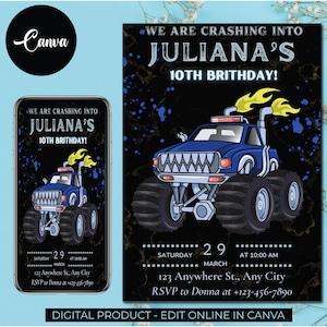Monster Truck Birthday Party Invitation, Printable Birthday Party Invitations, Monster Jam invite, Digital Kids Party Invite, Truck Bash