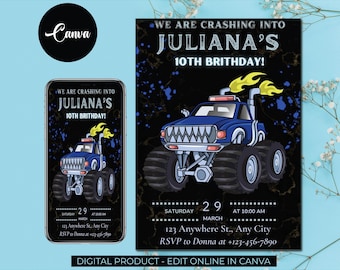 Monster Truck Birthday Party Invitation, Printable Birthday Party Invitations, Monster Jam invite, Digital Kids Party Invite, Truck Bash