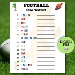 May include: A white printable sheet with the title "FOOTBALL EMOJI PICTIONARY" in black. The sheet features a silhouette of a football player, emojis, and numbered lines for answers. A green circle with "DIGITAL FILE" is in the corner.