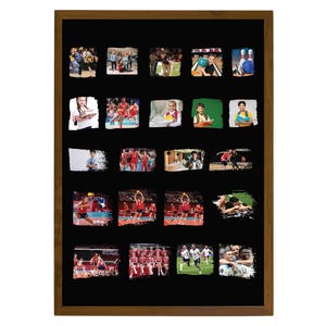 May include: A black framed bulletin board with a collage of 20 photos of people playing different sports, including basketball, volleyball, soccer, and bowling. The photos are arranged in a grid pattern and are surrounded by white paint strokes.