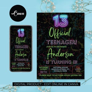 EDITABLE Neon Birthday Invitation, 13th Birthday Invitation, Neon Black Birthday Invitation, Teenager Birthday, 13 Year Old Boy Birthday