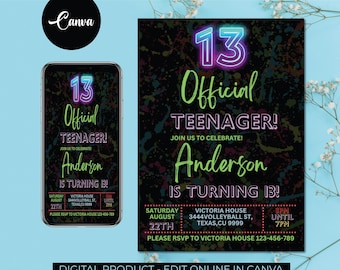 EDITABLE Neon Birthday Invitation, 13th Birthday Invitation, Neon Black Birthday Invitation, Teenager Birthday, 13 Year Old Boy Birthday