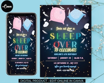 Bearbeitbare Slumber Party Geburtstagseinladung, druckbare Vorlage Canva, Sleepover Geburtstag einladen, Pink Girl Spa, Tween Teen Digital Download