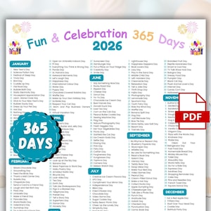 May include: A colorful calendar for 2026, titled "Fun & Celebration 365 Days," lists various holidays and observances for each day of the year. A large, teal circle with "365 DAYS" is in the center. The PDF icon is visible.