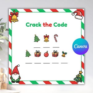 Op de afbeelding: Een kerst-thema activiteit blad met de tekst "Crack the Code" in het groen. Het blad bevat feestelijke illustraties van een kerstboom, bel, zuurstok, ornamenten en cadeaus. Een rood-groene rand omlijst het ontwerp.