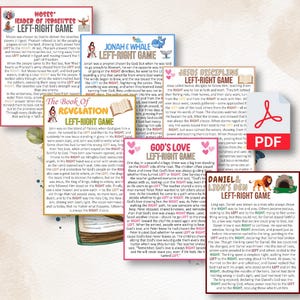 Può includere: Una collezione di carte di gioco educative a tema "Gioco Sinistra-Destra" con storie bibliche. Le carte hanno design colorati e titoli come "Mosè", "Giona e la balena" e "Disciplina di Gesù". È visibile anche un'icona PDF.