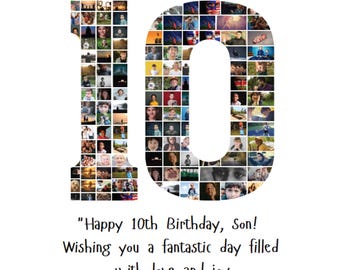 Fotocollage zum 10. Geburtstag, Nummer 10 Geburtstagsfotocollage VORLAGE, Geschenk zum 10. Geburtstag, Fotocollage zum 10. Geburtstag, bearbeitbares Poster zum 10. Geburtstag