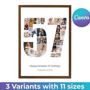 May include: A framed photo collage in a brown frame with the number 57 made of photos. The text "Happy fantastic 57 birthday" and "FEBRUARY 1st 20XX" is below the collage.