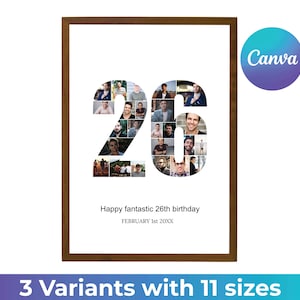 Nummer 26 fotocollage, gepersonaliseerd 26 cadeau, collage van foto's, verjaardagscadeau, jubileumcadeau, afdrukken, canvas nummerlijsten, woondecoratie