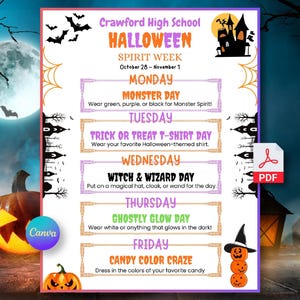 May include: A Halloween-themed flyer for Crawford High School's Spirit Week, October 28 - November 1. The flyer includes daily themes: Monster Day, Trick or Treat T-Shirt Day, Witch & Wizard Day, Ghostly Glow Day, and Candy Color Craze. The design features bats, a pumpkin, and a haunted house.