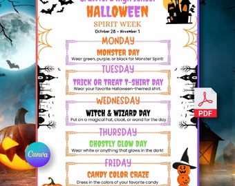 Editable Halloween School Spirit Week Flyer, PTO Schedule, October Itinerary, Halloween PTA, PTO Holiday Schedule, School Spirit Week