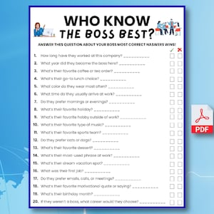 May include: A blue and white printable game sheet titled "WHO KNOW THE BOSS BEST?" with questions about a boss's preferences. Includes a PDF icon and illustrations of people working.