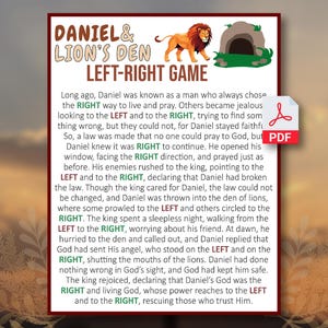 May include: A colorful educational poster titled "Daniel & Lion's Den Left-Right Game." The poster features illustrations of a lion and a cave, along with text describing a biblical story. A PDF icon is visible in the corner.
