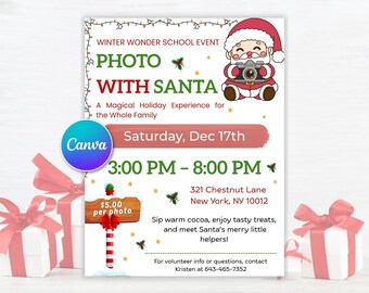 May include: A Christmas-themed poster advertising a "Photo with Santa" event. The design includes a cartoon Santa Claus holding a camera, festive decorations, and the event details: date, time, and location.