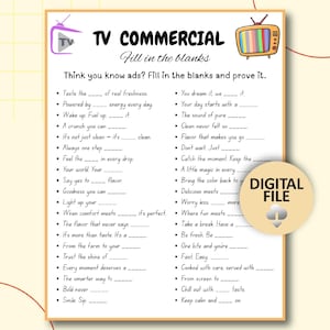 TV Commercial Trivia Game, Commercial Slogans Game, Ad Slogan Fill in the Blank Quiz, Game for Kids & Adults, Family Game Movie Night
