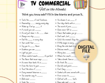 TV Commercial Trivia Game, Commercial Slogans Game, Ad Slogan Fill in the Blank Quiz, Game for Kids & Adults, Family Game Movie Night