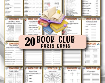 20 Book Club Game Bundle, Reading Group Activities, Book Club Party Games, Bookish Games, Student Book Club, World Book Day Ideas, Printable