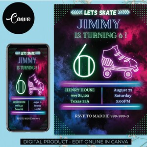 Skate Party Birthday Invitation, Party Invitation, Edit Evite Template, Roller Skating, Retro Neon Lights, Editable Canva Digital template