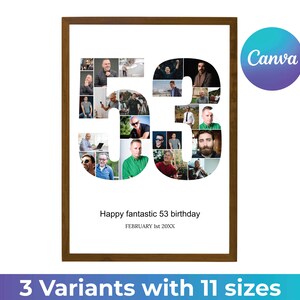 Może przedstawiać: Ramka ze zdjęciami w formie kolażu z okazji 53. urodzin. Liczba 53 jest utworzona ze zdjęć osób. Tekst pod kolażem brzmi "Happy fantastic 53 birthday FEBRUARY 1st 20XX".