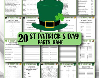 20 St Patrick Games Bundle, St Patrick's Party Quiz, St Patricks trivia, St Paddy's Day Activities, St Patty games, St patrick Word Search