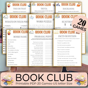 20 Book Club Game Bundle, Reading Group Activities, Book Club Party Games, Bookish Games, Student Book Club, World Book Day Ideas, Printable