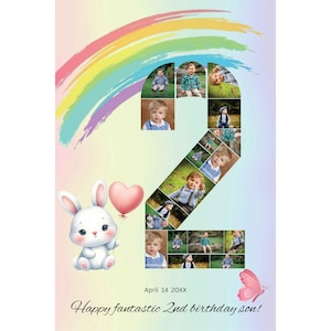 Rainbow Birthday Number 2 Photo Collage Poster, Photo Milestone Sign, Personalized 2nd Birthday Gift, 2nd Birthday Photo Poster, Canva