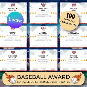 100 Editable Baseball Award Certificates, Baseball Team Awards, Baseball Team Party, T-Ball Awards Ceremony, customize Award certificate