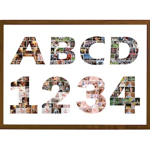 Plantilla de collage de fotos con letras y números, collage de fotos con letras, collage de fotos con el alfabeto, collage de fotos con números, guion gráfico conmemorativo, Canva