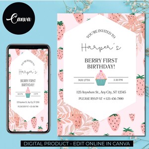 EDITABLE Pink Gingham Berry First Birthday Invitation, Strawberry First Birthday Invite, Berry First Birthday Digital Invitation Birthday