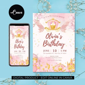Princess Birthday Invitation Template, Girls Kids Birthday invite, Editable Printable Invite, Instant Download, Digital Canva Template