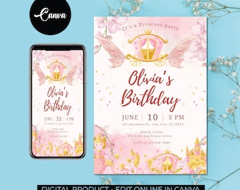Princess Birthday Invitation Template, Girls Kids Birthday invite, Editable Printable Invite, Instant Download, Digital Canva Template
