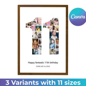 May include: A brown framed photo with a white background. The number 11 is made up of photos of children. The text "Happy fantastic 11th birthday" and "FEBRUARY 1st 20XX" is below the number.