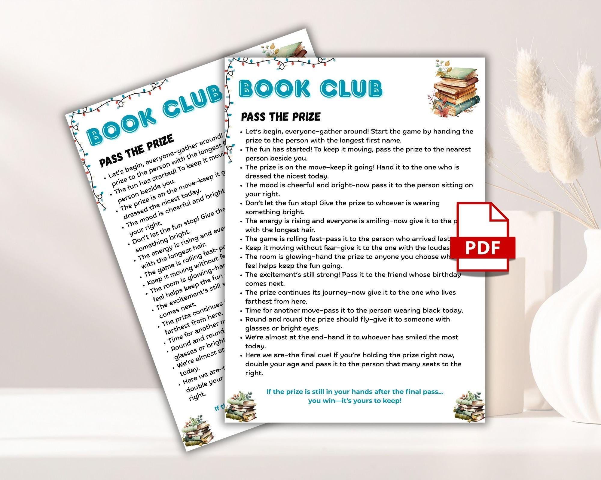 Book Club Pass The Prize, Left Right Game For Avid Readers, Ladies Luncheon, Brunch Gatherings, interactive fun gift exchange, Library Goers