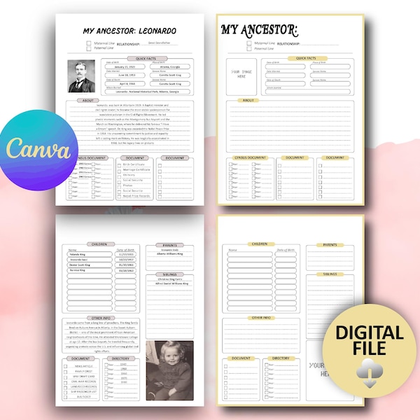 Ancestor Biography Profile Template, Genealogy Research, Genealogy Form, Editable Family History Template, Genealogy Journal, Family tree