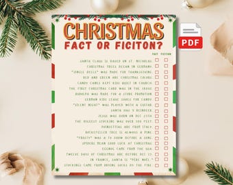 May include: A festive Christmas-themed game card with the title "CHRISTMAS FACT OR FICTION?" in bold, orange letters. The card features a green and red border and a list of Christmas-related facts with check boxes. A PDF icon is in the upper right.