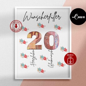 Geldgeschenk zum 20 Geburtstag, Geldgeschenk Digitale Schilder, Download zum Drucken, Wunscherfüller Geburtstagskarte, Alter kann angepasst werden, Personalisiert