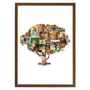 May include: A framed photo collage in the shape of a tree, featuring multiple photos of people, including children and adults. The photos are arranged in a tree shape, with the trunk and branches formed by the photos.