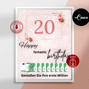 Geldgeschenk zum 20 Geburtstag, Last-Minute Geschenk zum Selbstdrucken, Geld kreativ verschenken, Deine erste Million, digitale Geldgeschenk